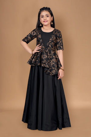 Girls Black Solid Maxi Dress With Attached Foil Printed Asymmetric Shrug