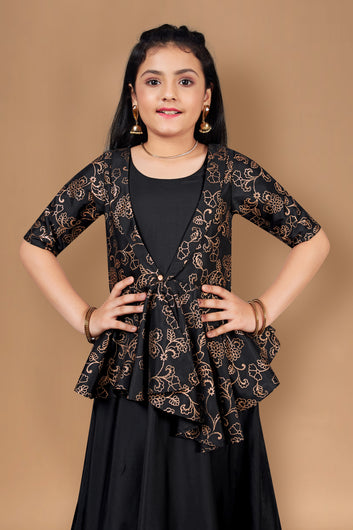Girls Black Solid Maxi Dress With Attached Foil Printed Asymmetric Shrug