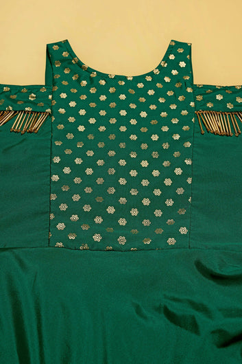 Girls Green Taffeta Foil Printed Fit and Flared Maxi Dress
