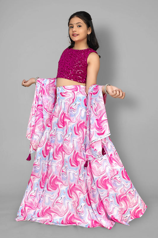 Girls Pink Georgette Ready To Wear Lehenga, Choli & Dupatta Set
