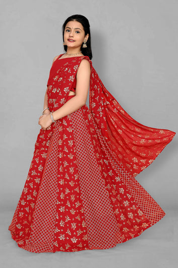 Girls Red Georgette Readymade Lehenga, Choli With Attached Dupatta Set
