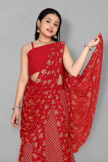 Girls Red Georgette Readymade Lehenga, Choli With Attached Dupatta Set