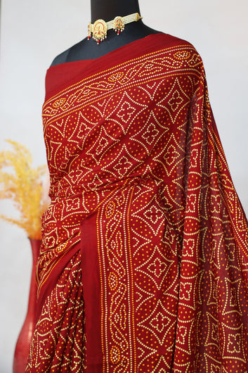 Womens Red Bandhani Print Rayon Saree With Unstitched Blouse