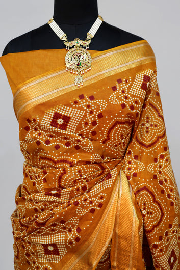 Womens Mustard Bandhani Print Cotton Saree With Unstitched Blouse