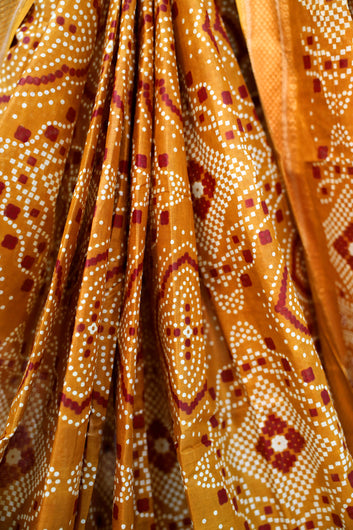 Womens Mustard Bandhani Print Cotton Saree With Unstitched Blouse