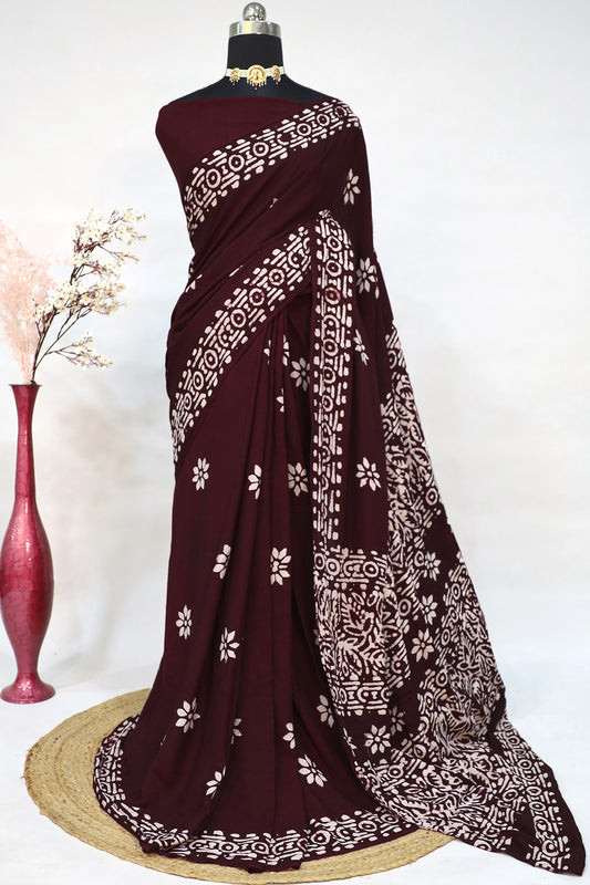 Womens Brown Batik Print Rayon Saree With Unstitched Blouse