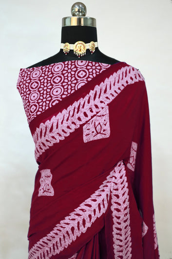 Womens Maroon Batik Print Rayon Saree With Unstitched Blouse