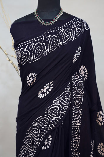 Womens Dark Violet Batik Print Rayon Saree With Unstitched Blouse
