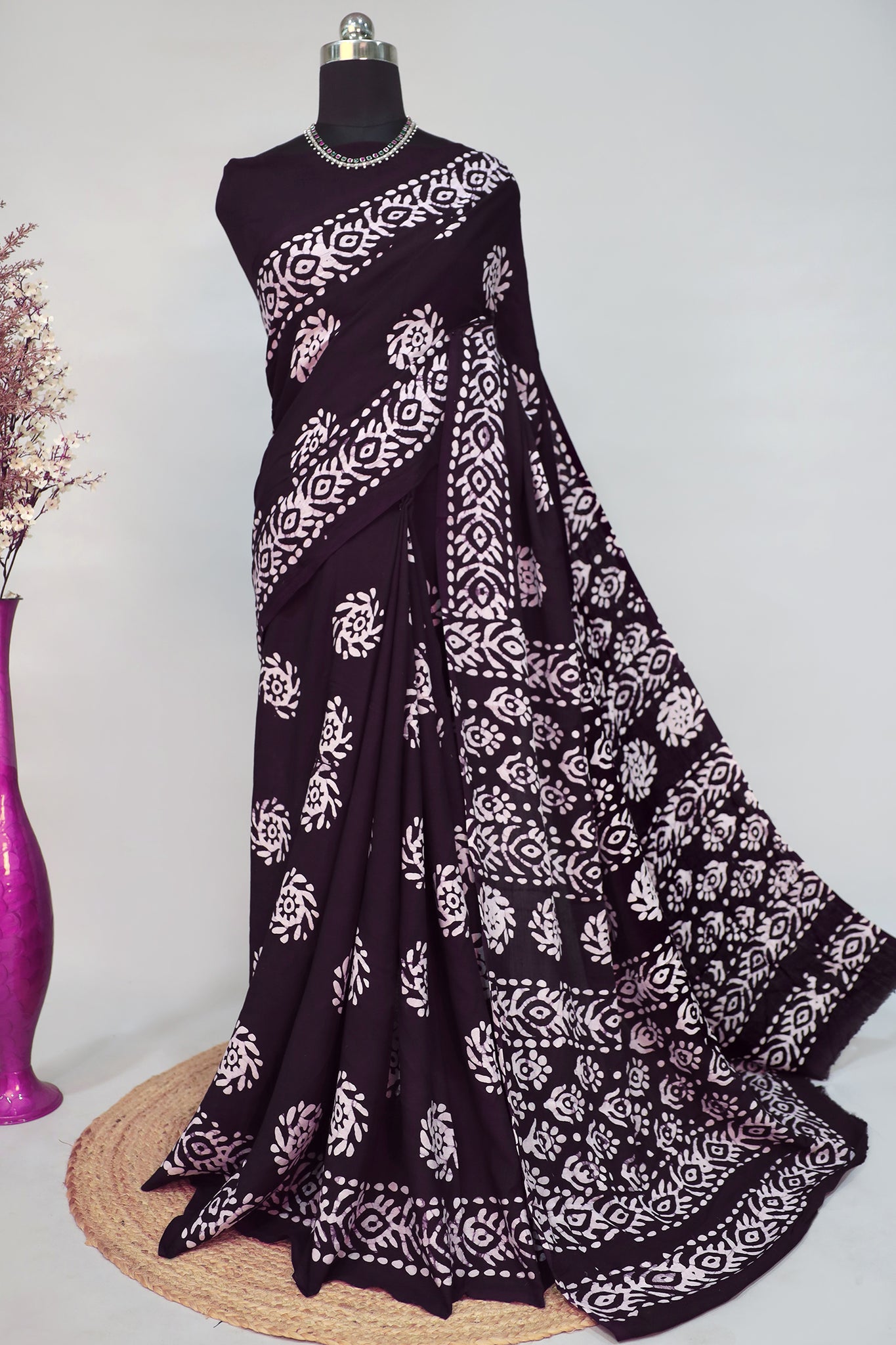 Womens Dark Purple Batik Print Rayon Saree With Unstitched Blouse