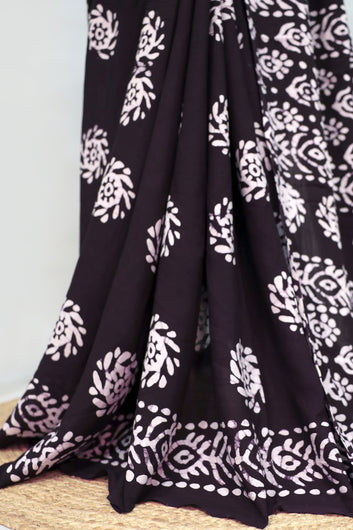 Womens Dark Purple Batik Print Rayon Saree With Unstitched Blouse