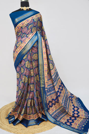 Womens Blue Ajrakh Print Cotton Saree With Unstitched Blouse