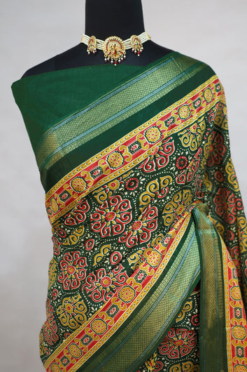 Womens Green Ajrakh Print Cotton Saree With Unstitched Blouse