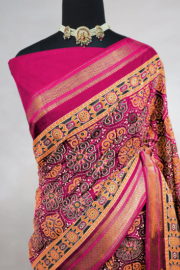 Womens Pink Ajrakh Print Cotton Saree With Unstitched Blouse