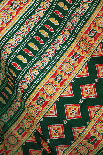Womens Green Ajrakh Print Cotton Saree With Unstitched Blouse