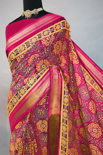 Womens Pink Ajrakh Print Cotton Saree With Unstitched Blouse