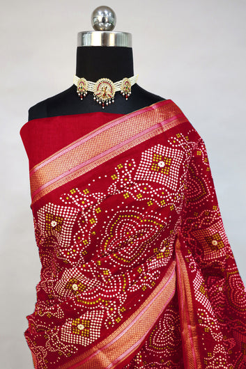 Womens Maroon Bandhani Print Cotton Saree With Unstitched Blouse