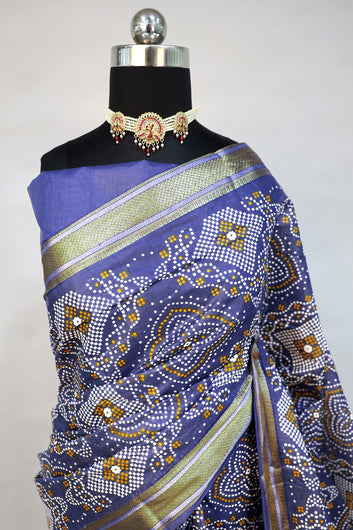 Womens Blue Bandhani Print Cotton Saree With Unstitched Blouse