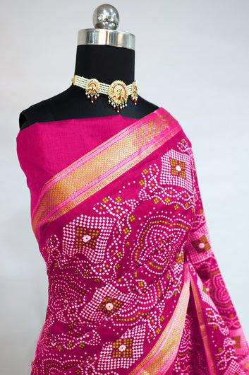 Womens Pink Bandhani Print Cotton Saree With Unstitched Blouse