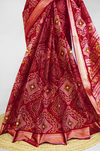 Womens Maroon Bandhani Print Cotton Saree With Unstitched Blouse