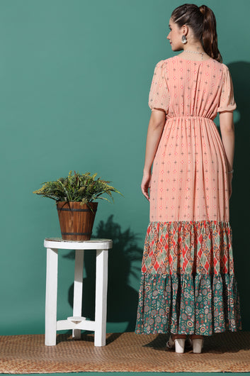 Women’s Peach Georgette Tiered Maxi Dress