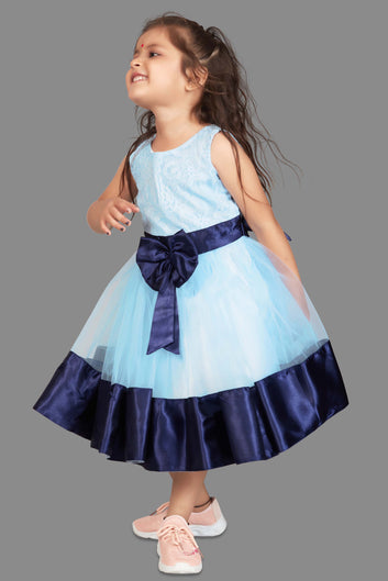 Baby Girl’s Bowknot Pattern Belted Flared Midi Dress/Frock