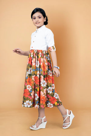 Girl’s Crepe Shirt Style Calf Length Dress