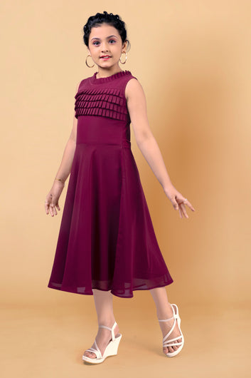 Girls Georgette Pleated Calf Length Dress