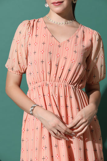 Women’s Peach Georgette Tiered Maxi Dress