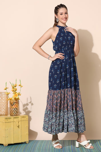 Women’s Navy Blue Georgette Floral Printed Tiered Maxi Dress