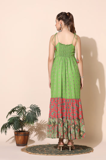Women’s Parrot Georgette Printed Tiered Maxi Dress