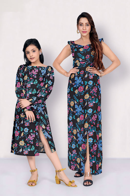 Black Flower Printed Mother-Daughter Slit Dress Set