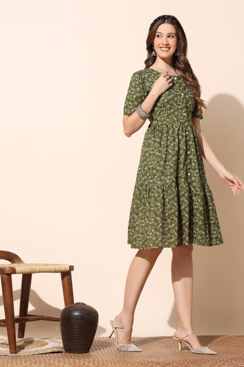 Women’s Olive Cotton Floral Printed Tiered Dress