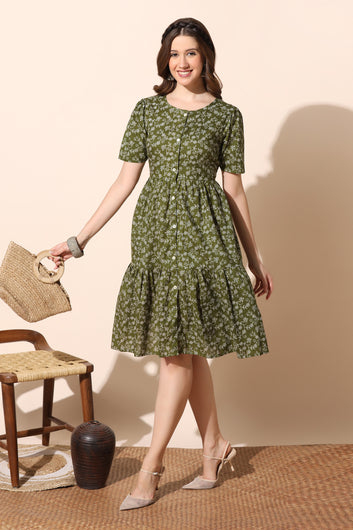 Women’s Olive Cotton Floral Printed Tiered Dress