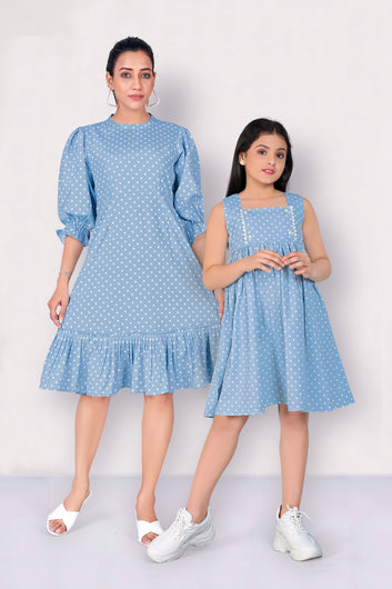 Sky Polka Dot Printed Mother-Daughter Dress