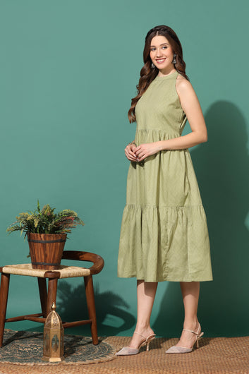 Women’s Olive Cotton Geometric Printed Tiered Dress