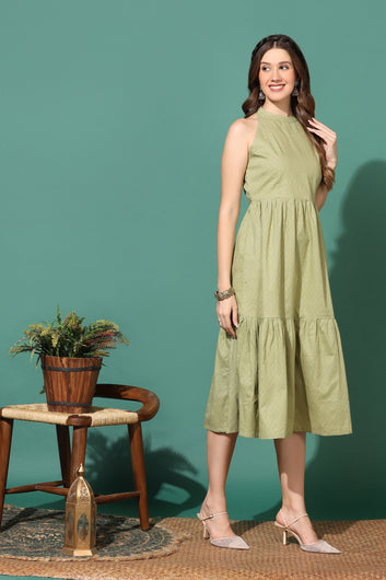Women’s Olive Cotton Geometric Printed Tiered Dress