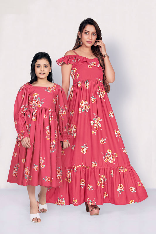 Pink Flower Printed Mother-Daughter Dress Set