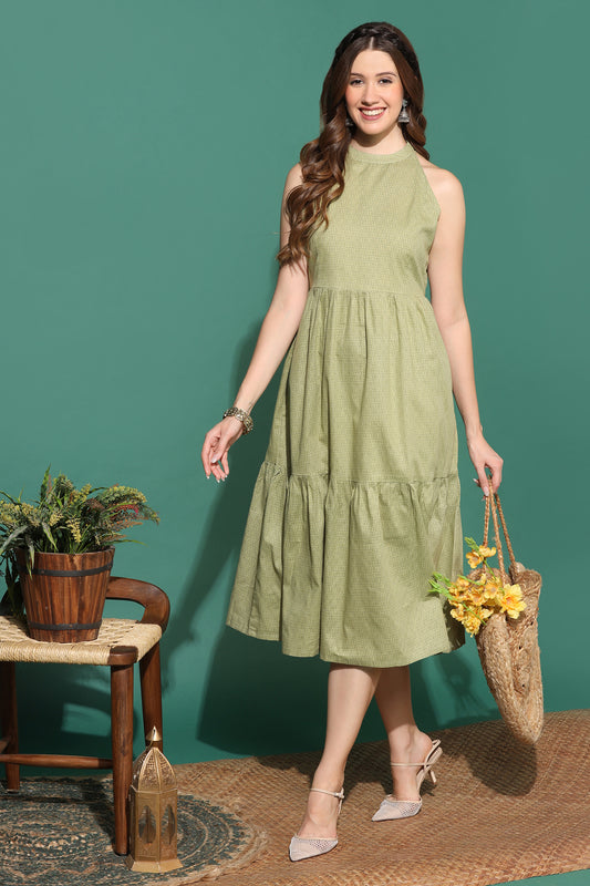 Women’s Olive Cotton Geometric Printed Tiered Dress