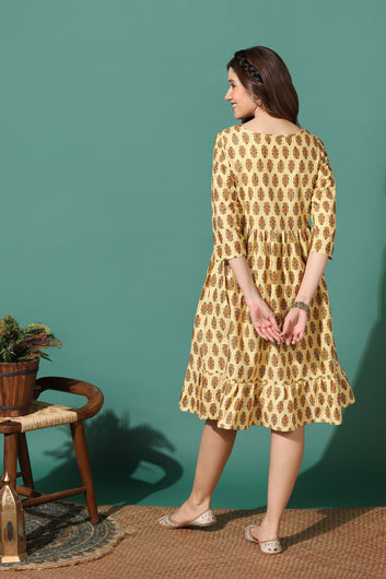 Women's Yellow Cotton Motif Printed Ruffle Dress