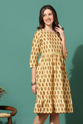 Women's Yellow Cotton Motif Printed Ruffle Dress