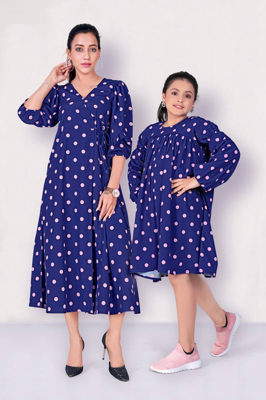 Navy Blue Polka Dot Printed Mother-Daughter Dress Set