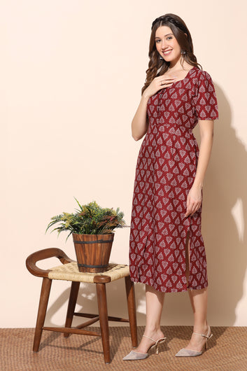 Women’s Maroon Cotton Motif Printed Slit Dress