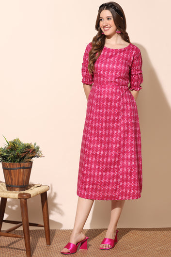 Women's Pink Cotton Ikat Printed Double Puff Sleeve A-Line Dress