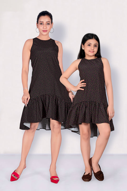 Black Polka Dot Printed Mother-Daughter Ruffle Dress