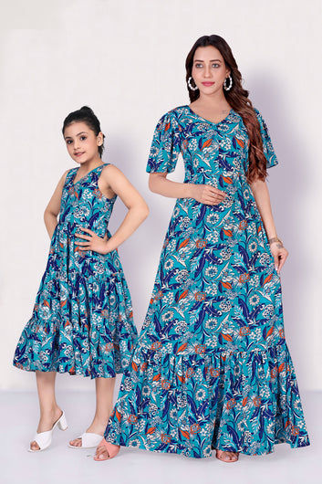 Blue Flower Printed Mother-Daughter Dress Set