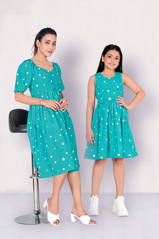Light Blue Polka Dot Printed Mother-Daughter Dress