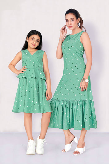 Mint Polka Dot Printed Mother-Daughter Dress