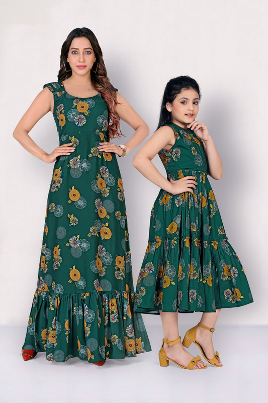 Teal Green Flower Printed Mother-Daughter Tiered Dress Set