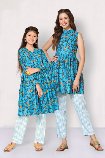 Blue Floral Printed Mother-Daughter Ethnic Dress
