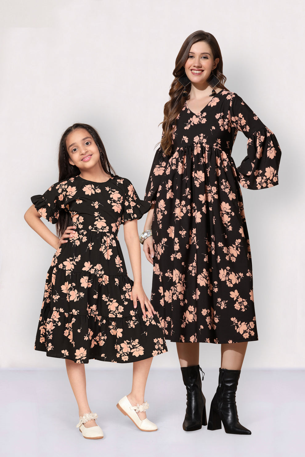 Black Floral Printed Mother-Daughter Dress